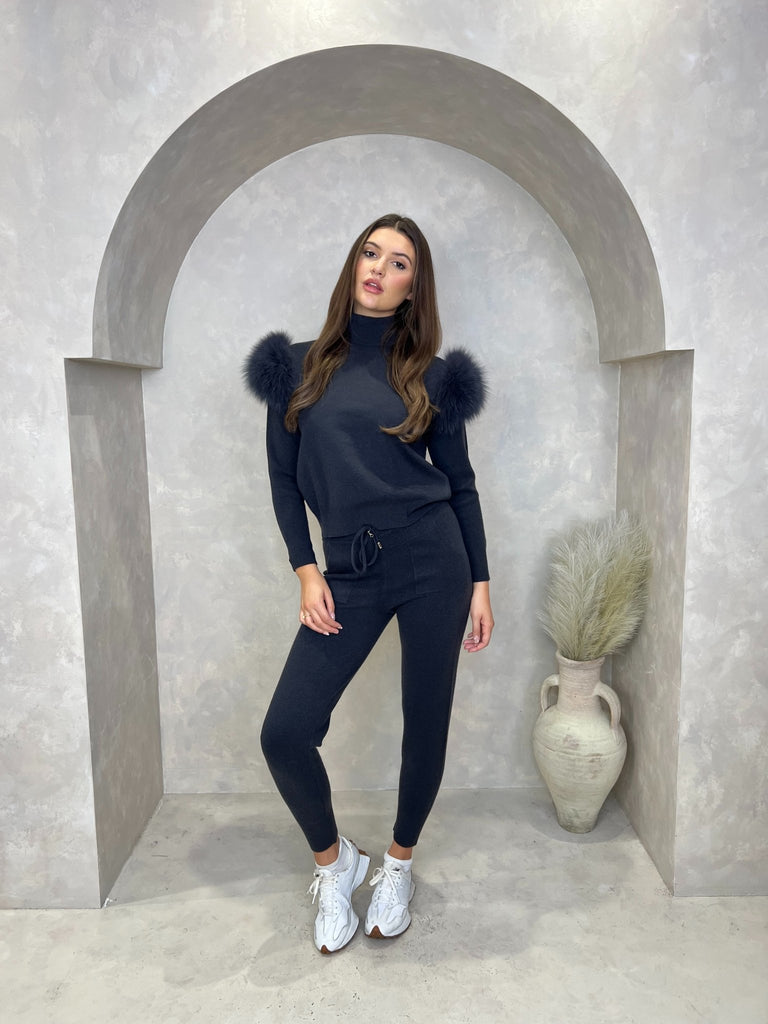 Charcoal Luxury Fur Roll Neck Jogger Tracksuit - H&L