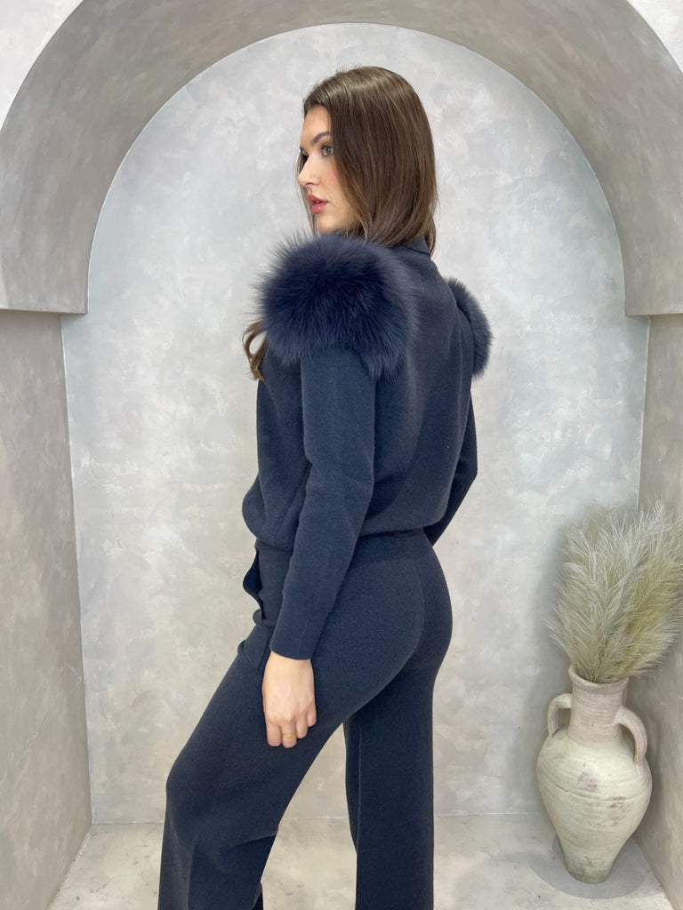 Charcoal Luxury Fur Roll Neck Wide Leg Tracksuit - H&L