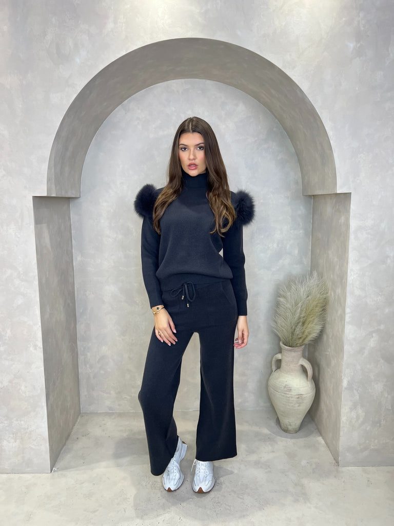 Charcoal Luxury Fur Roll Neck Wide Leg Tracksuit - H&L