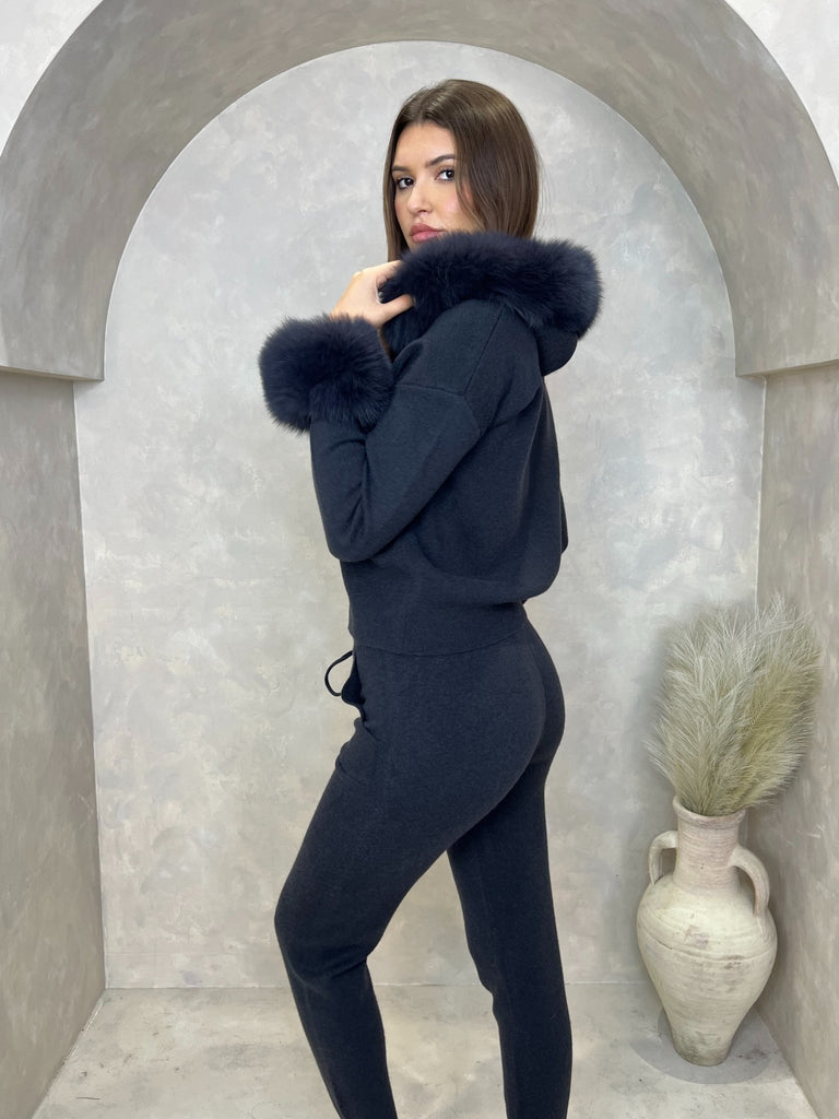 Charcoal Luxury Fur Trim Hood & Cuff Jogger Tracksuit - H&L