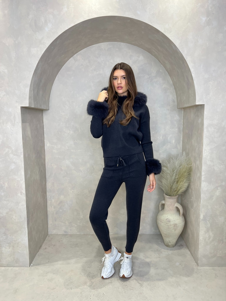 Charcoal Luxury Fur Trim Hood & Cuff Jogger Tracksuit - H&L