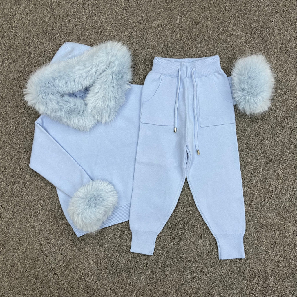 Childrens Baby Blue Premium Faux Fur Hood & Cuff Tracksuit - H&L