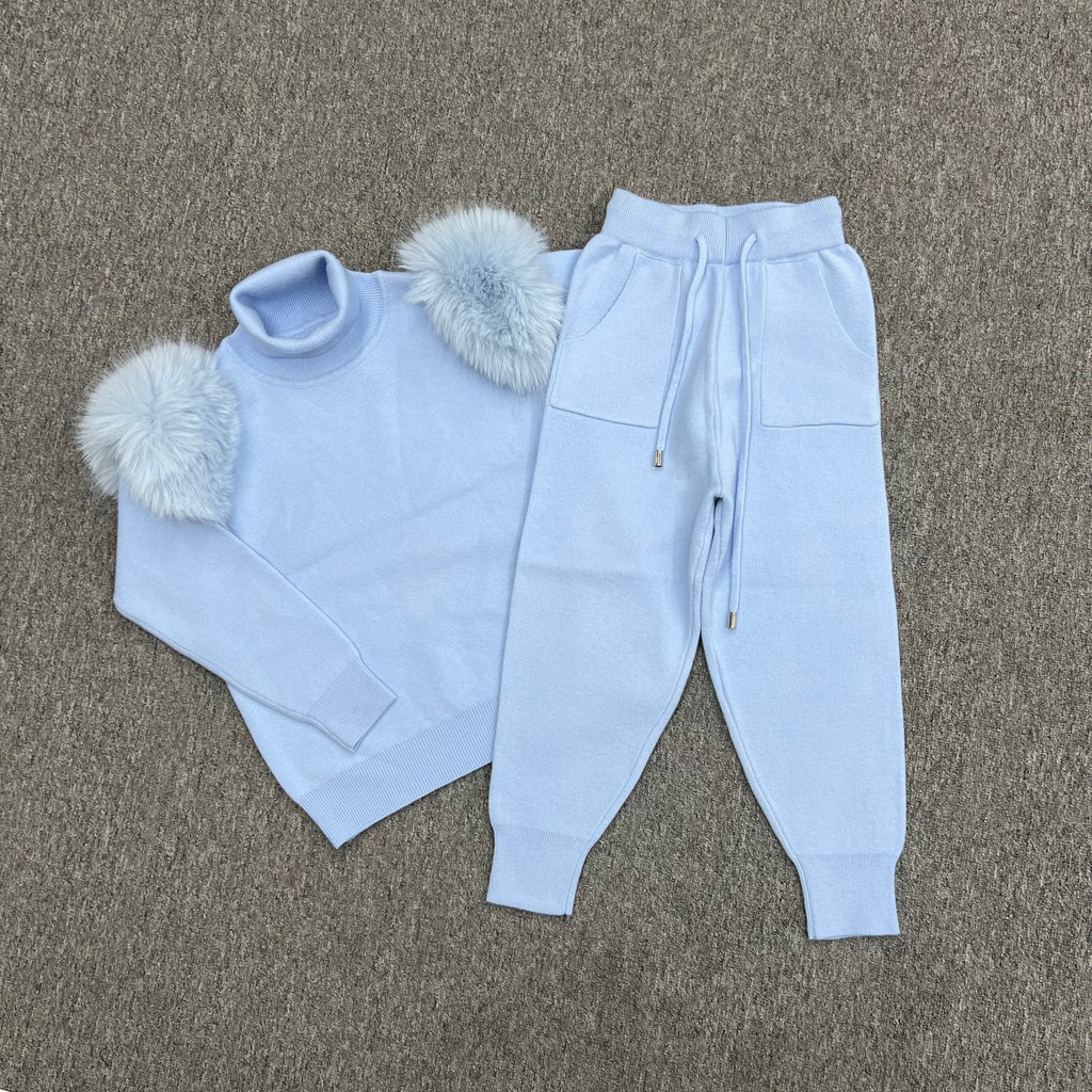 Childrens Baby Blue Premium Faux Fur Roll Neck Jogger Tracksuit - H&L