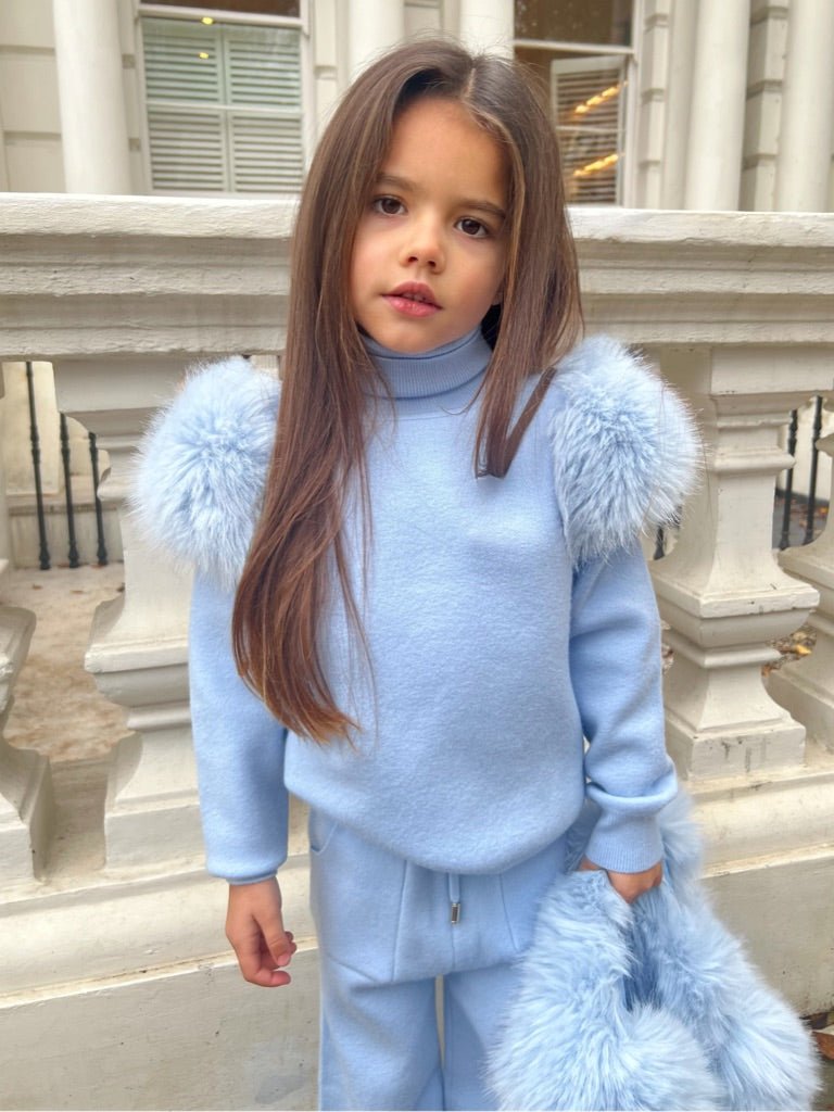 Childrens Baby Blue Premium Faux Fur Roll Neck Wide Leg Tracksuit - H&L