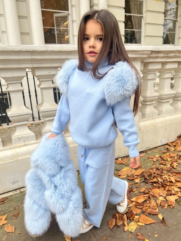 Childrens Baby Blue Premium Faux Fur Roll Neck Wide Leg Tracksuit - H&L