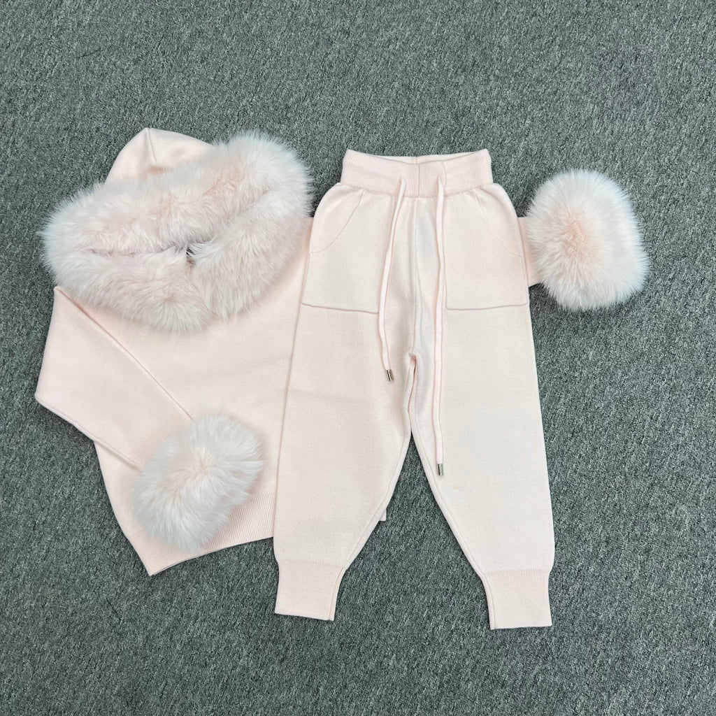 Childrens Baby Pink Premium Faux Fur Hood & Cuff Tracksuit - H&L