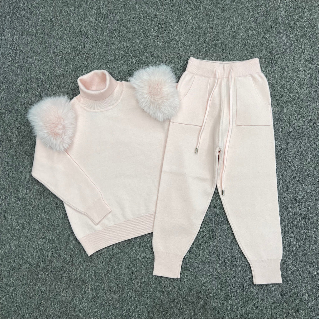 Childrens Baby Pink Premium Faux Fur Roll Neck Jogger Tracksuit - H&L