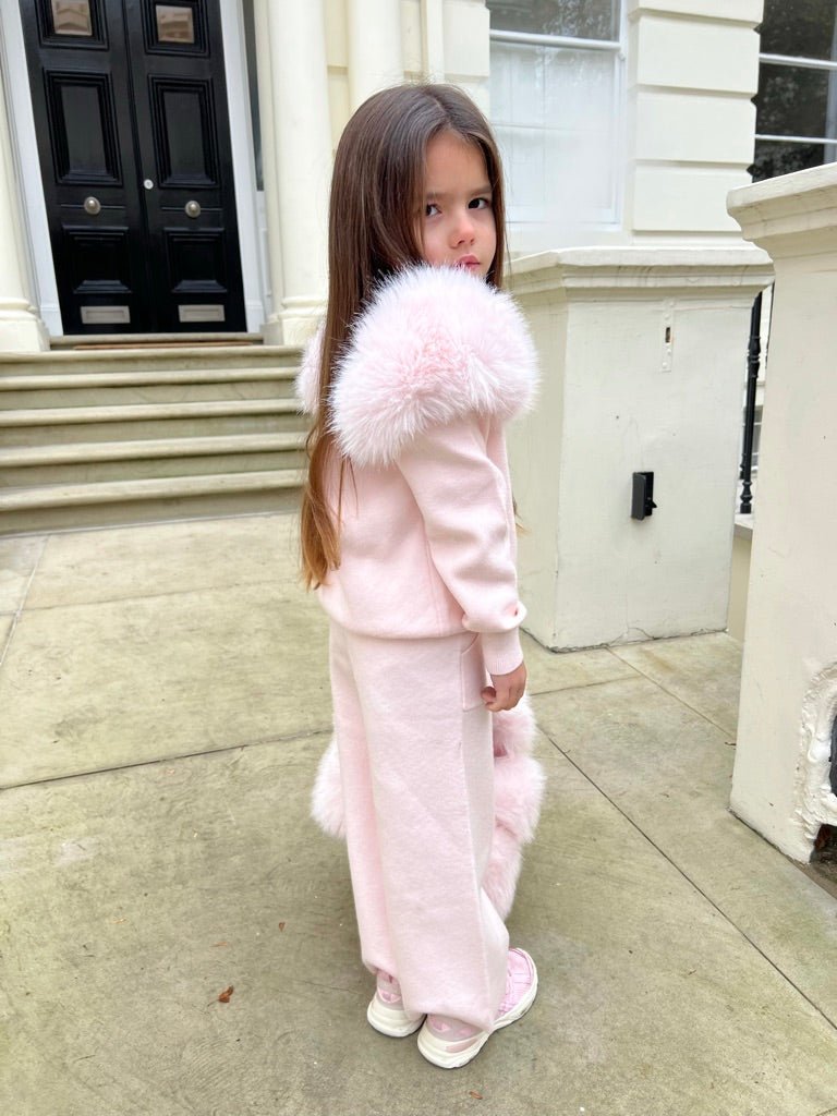 Childrens Baby Pink Premium Faux Fur Roll Neck Wide Leg Tracksuit - H&L