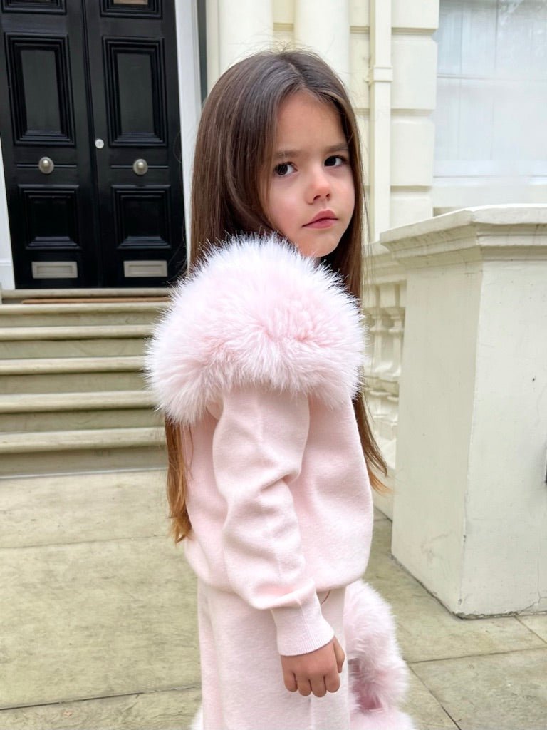 Childrens Baby Pink Premium Faux Fur Roll Neck Wide Leg Tracksuit - H&L