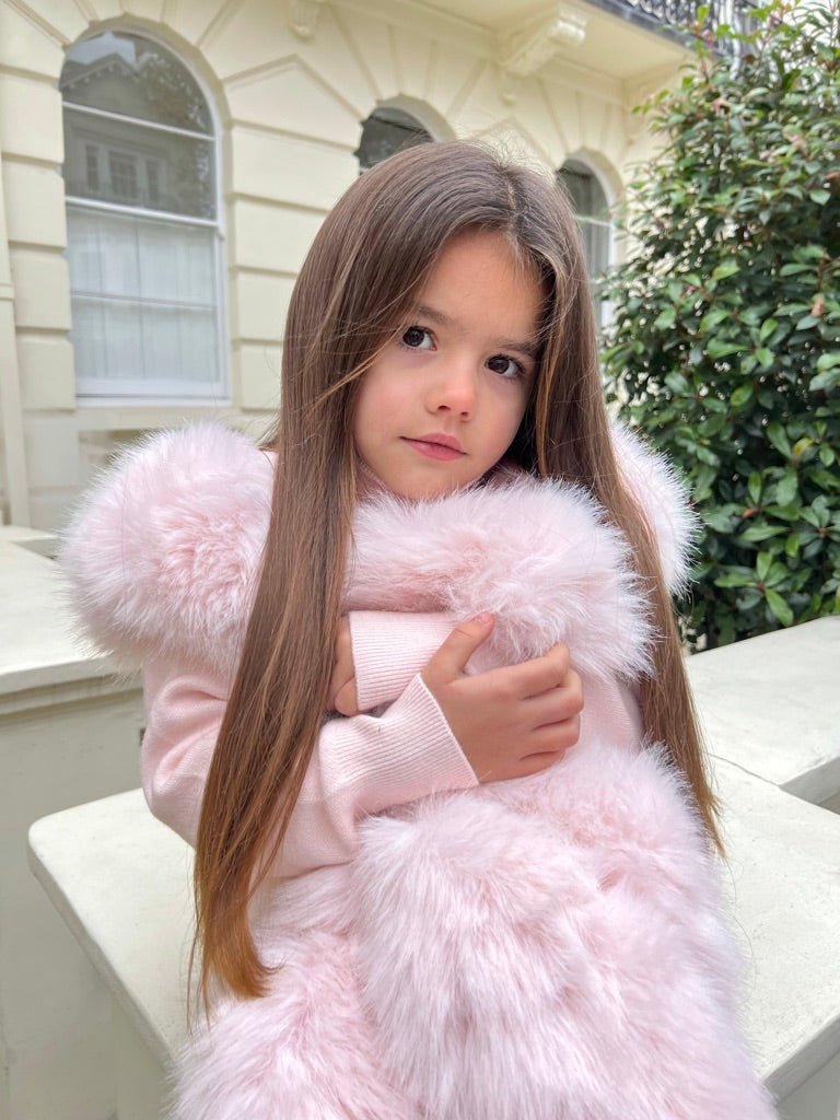 Childrens Baby Pink Premium Faux Fur Roll Neck Wide Leg Tracksuit - H&L