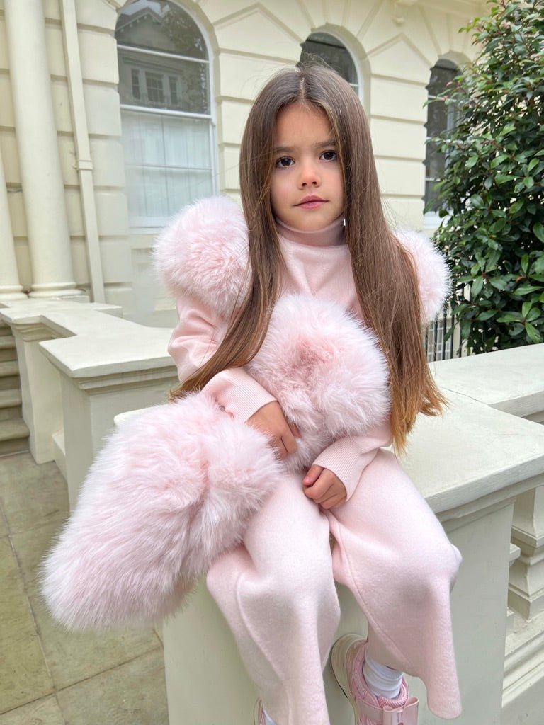 Childrens Baby Pink Premium Faux Fur Roll Neck Wide Leg Tracksuit - H&L