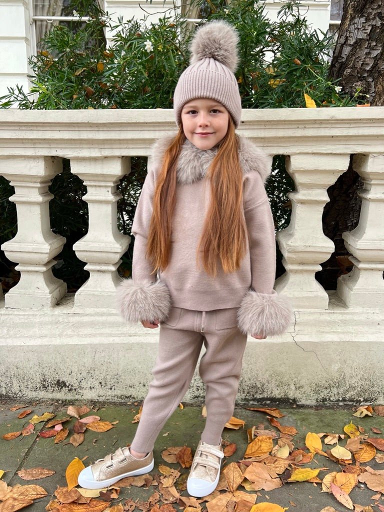 Childrens Beige Premium Faux Fur Hood & Cuff Tracksuit - H&L