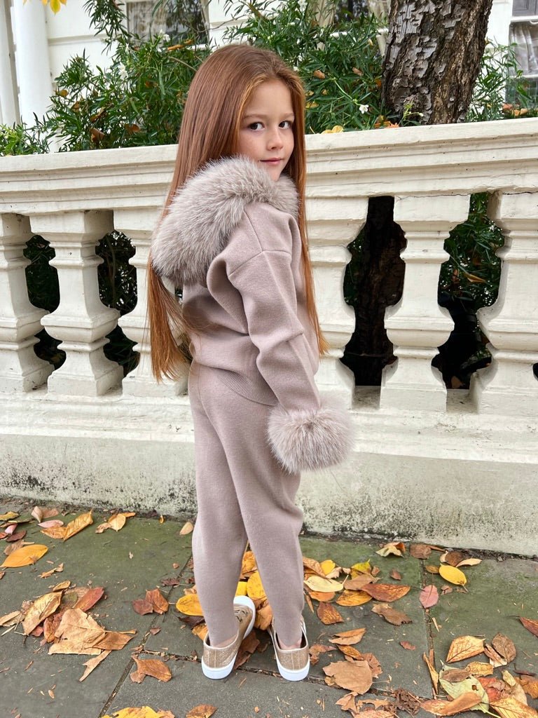 Childrens Beige Premium Faux Fur Hood & Cuff Tracksuit - H&L