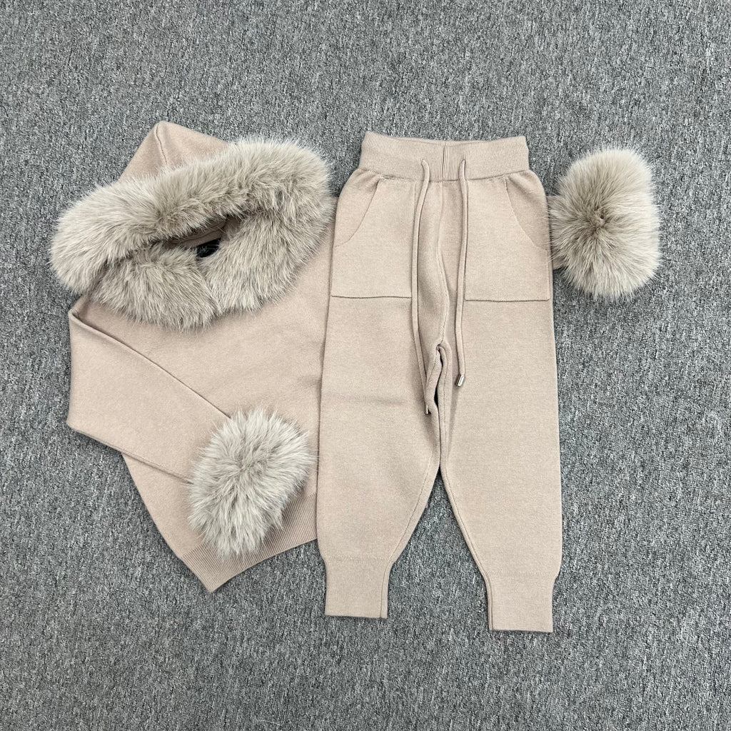 Childrens Beige Premium Faux Fur Hood & Cuff Tracksuit - H&L