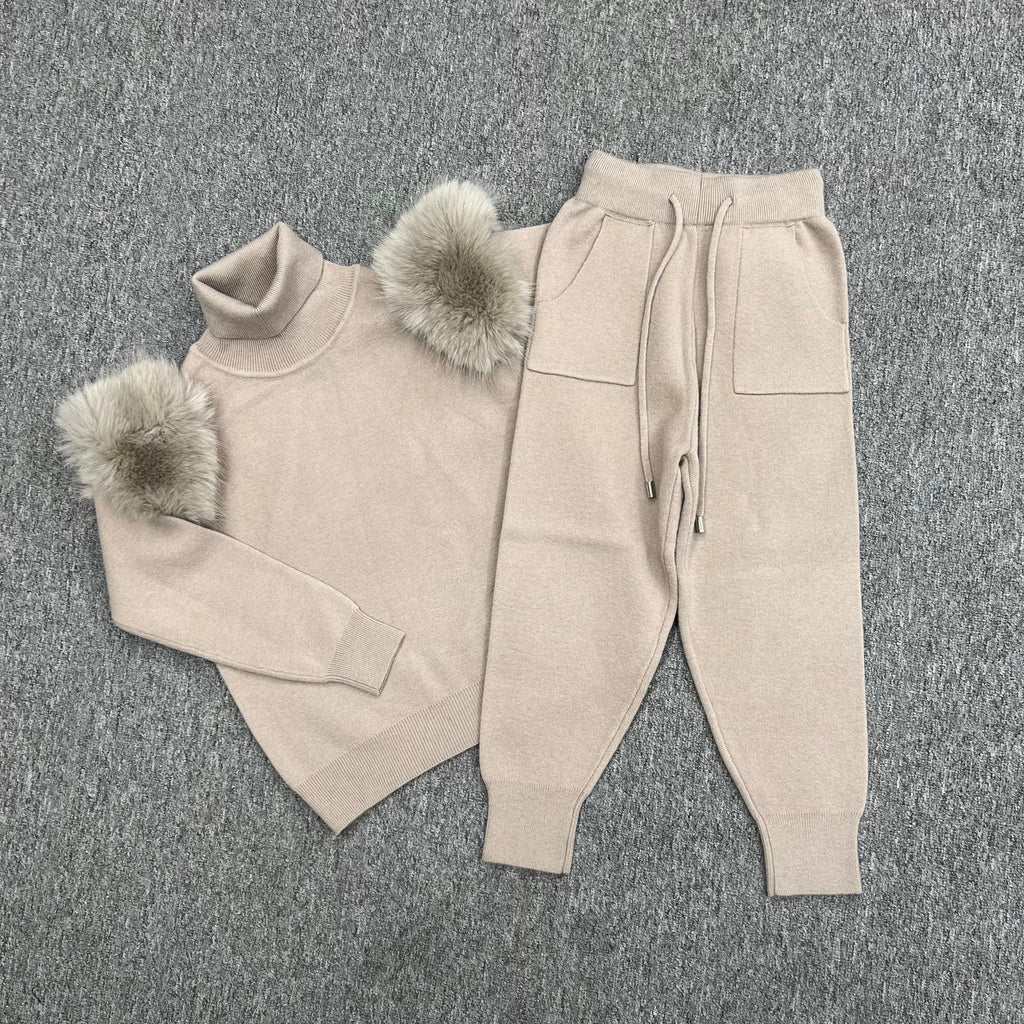 Childrens Beige Premium Faux Fur Roll Neck Jogger Tracksuit - H&L