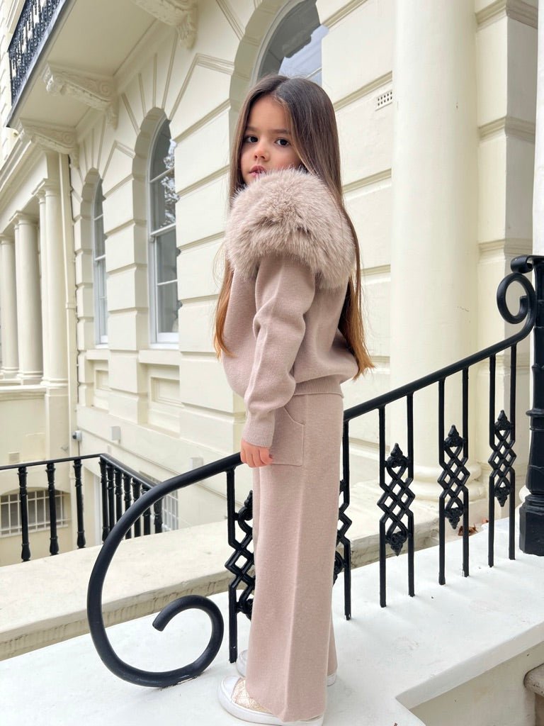 Childrens Beige Premium Faux Fur Roll Neck Wide Leg Tracksuit - H&L