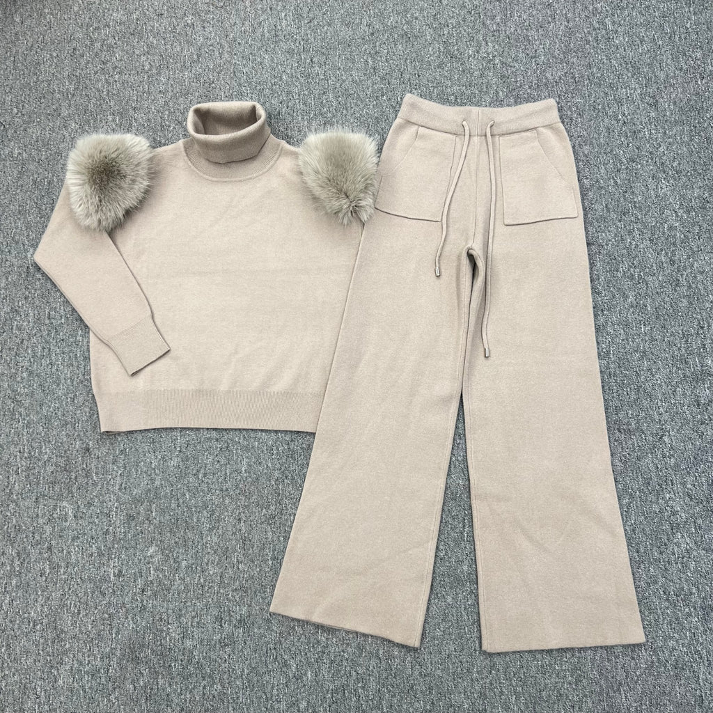 Childrens Beige Premium Faux Fur Wide Leg Tracksuit - H&L