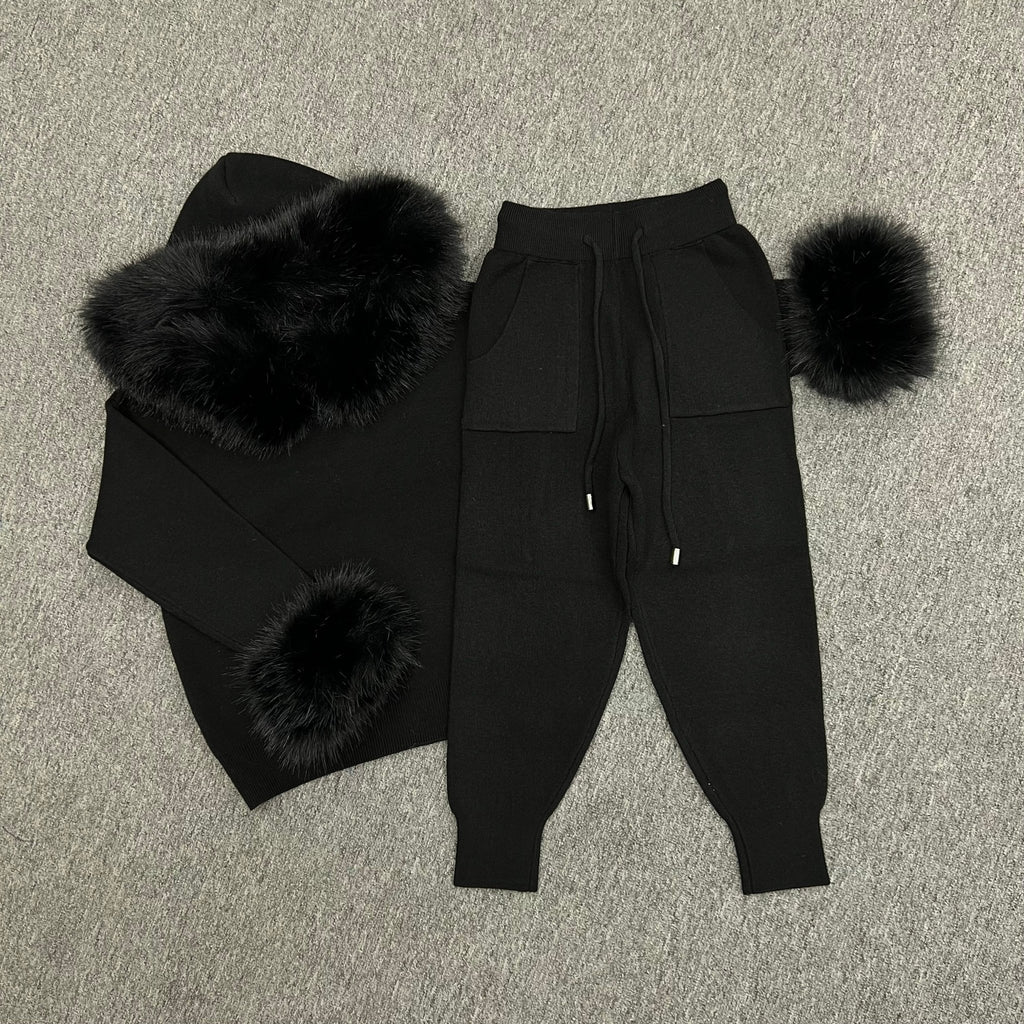 Childrens Black Premium Faux Fur Hood & Cuff Tracksuit - H&L