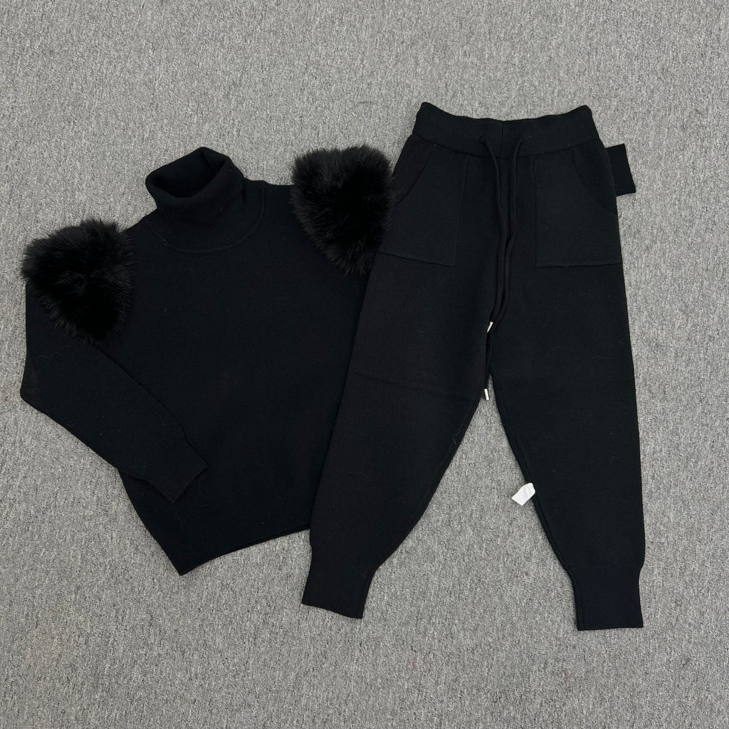 Childrens Black Premium Faux Fur Roll Neck Jogger Tracksuit - H&L