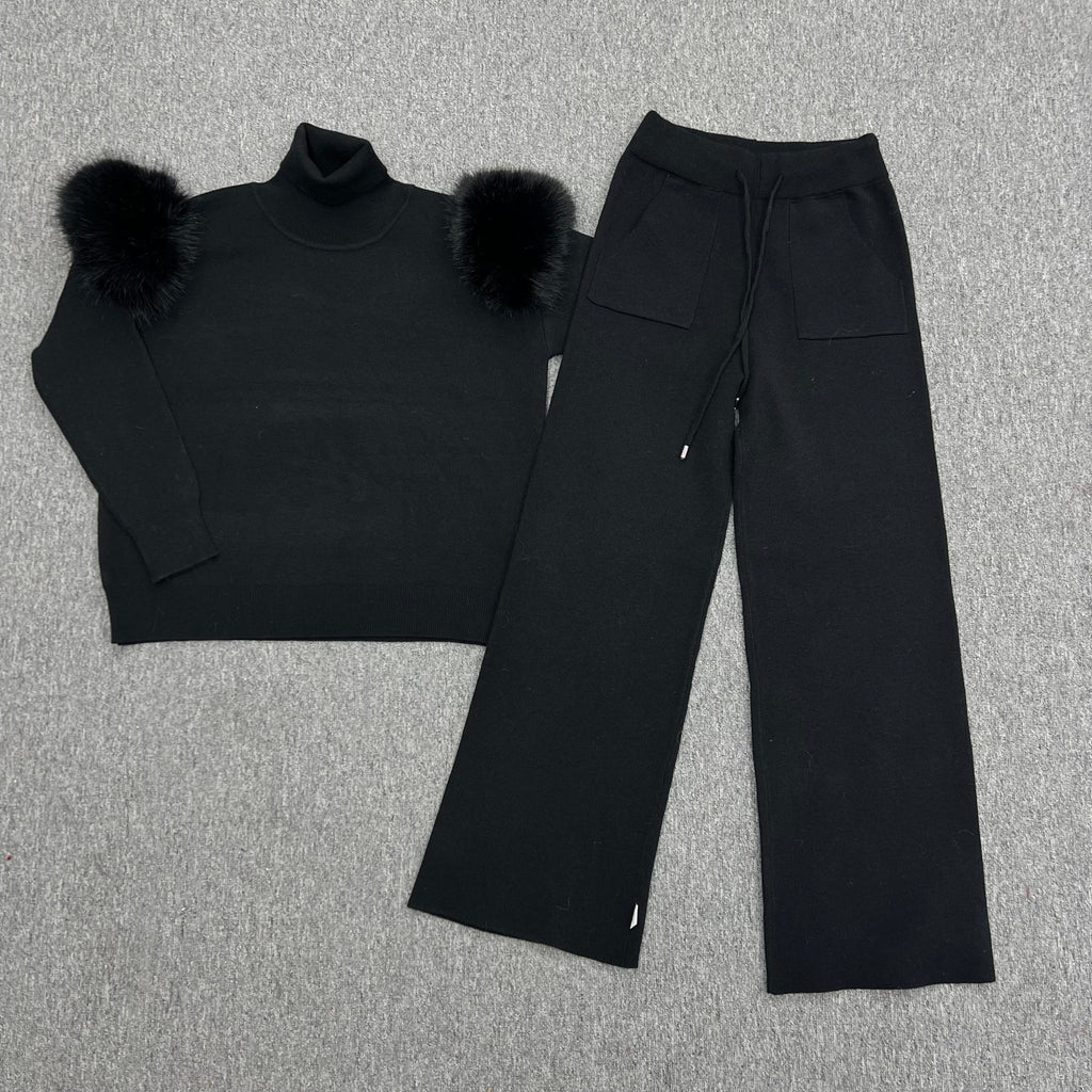 Childrens Black Premium Faux Fur Wide Leg Tracksuit - H&L