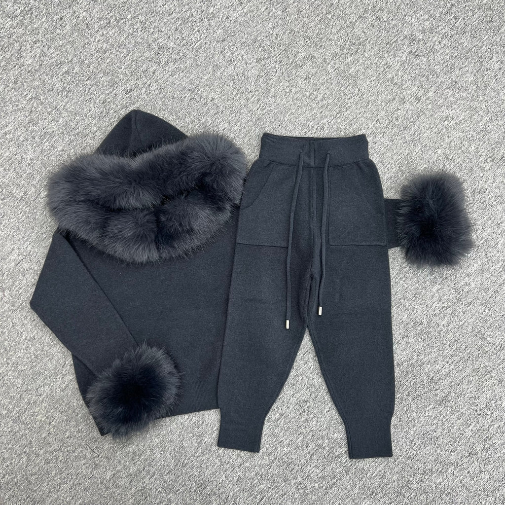 Childrens Charcoal Premium Faux Fur Hood & Cuff Tracksuit - H&L