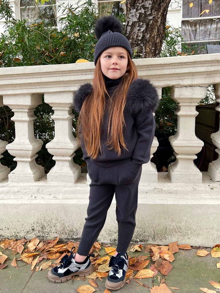 Childrens Charcoal Premium Faux Fur Roll Neck Jogger Tracksuit - H&L