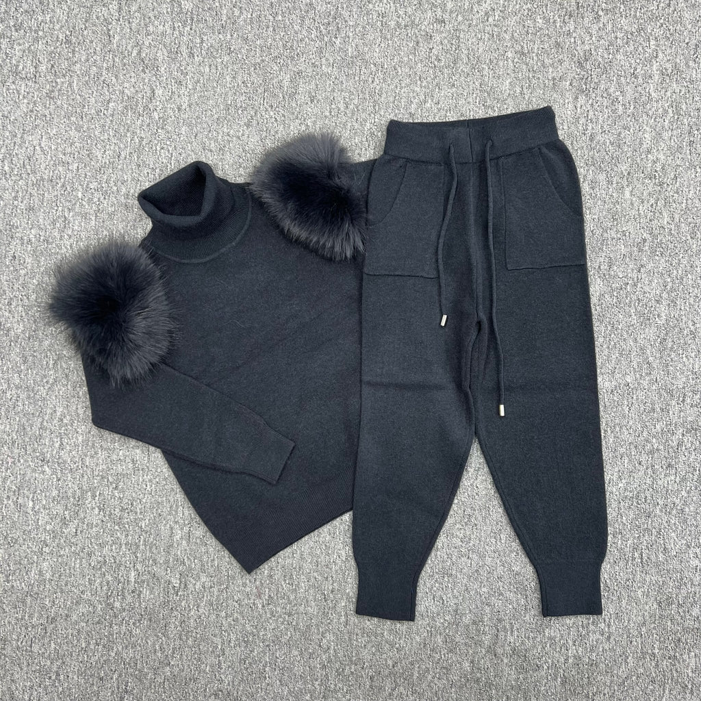 Childrens Charcoal Premium Faux Fur Roll Neck Jogger Tracksuit - H&L