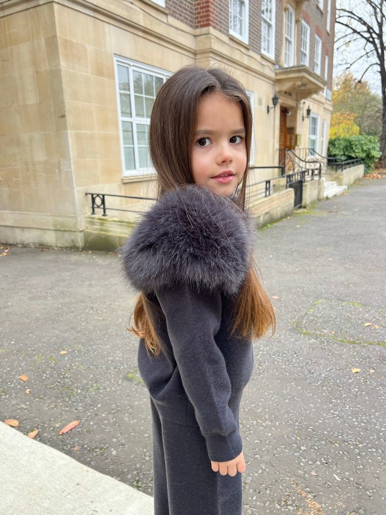 Childrens Charcoal Premium Faux Fur Roll Neck Wide Leg Tracksuitt - H&L