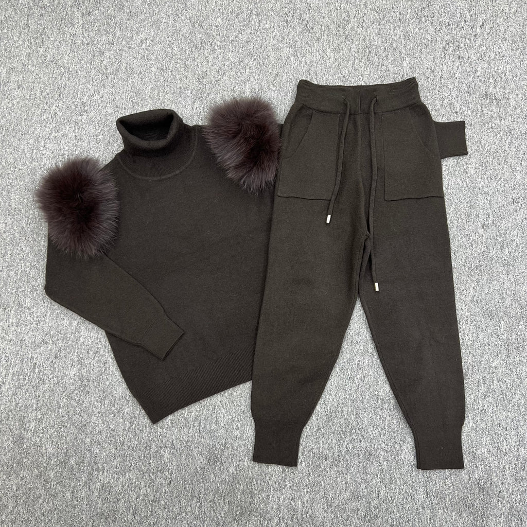 Childrens Chocolate Luxury Fur Roll Neck Jogger Tracksuit - H&L