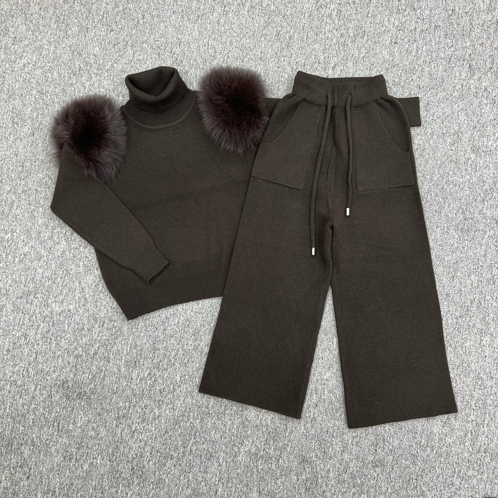 Childrens Chocolate Luxury Fur Roll Neck Wide Leg Tracksuit - H&L