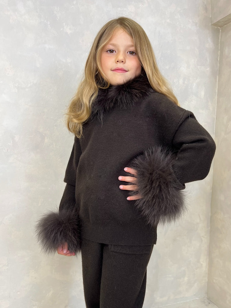 Childrens Chocolate Luxury Fur Trim Hood & Cuff Tracksuit - H&L