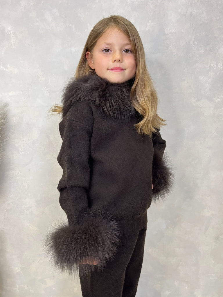 Childrens Chocolate Luxury Fur Trim Hood & Cuff Tracksuit - H&L