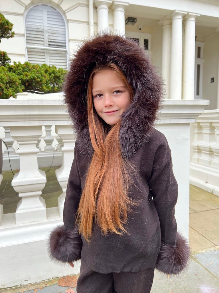 Childrens Chocolate Premium Faux Fur Hood & Cuff Tracksuit - H&L