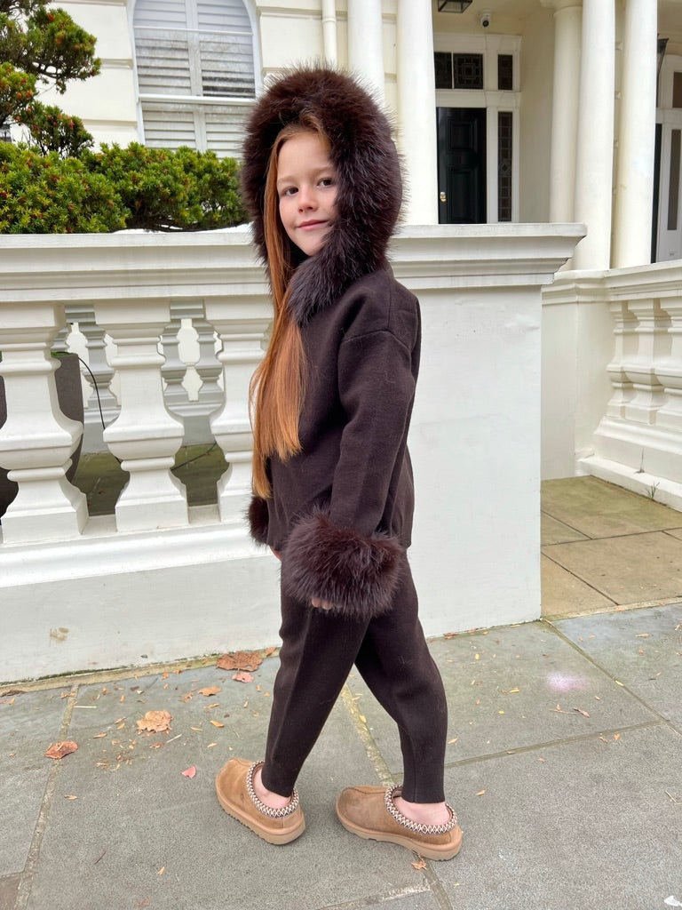 Childrens Chocolate Premium Faux Fur Hood & Cuff Tracksuit - H&L