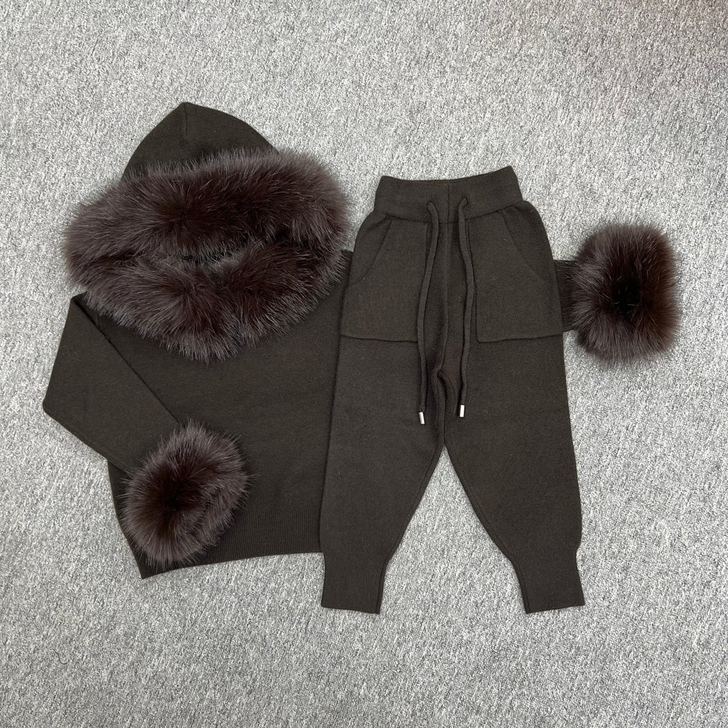 Childrens Chocolate Premium Faux Fur Hood & Cuff Tracksuit - H&L