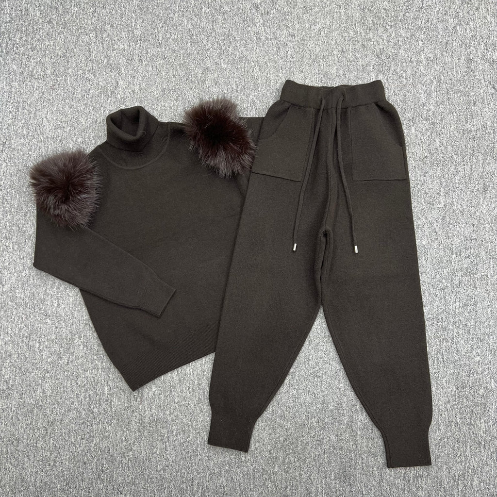 Childrens Chocolate Premium Faux Fur Roll Neck Jogger Tracksuit - H&L