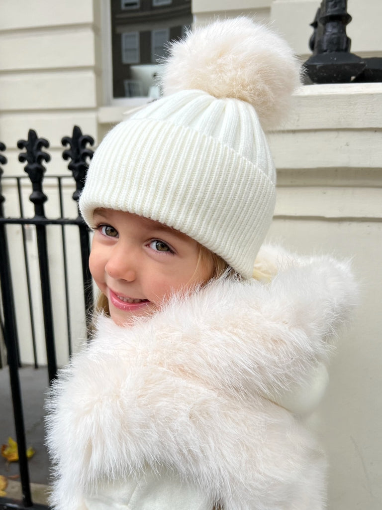 Childrens Cream Faux Fur Bobble Hat - H&L