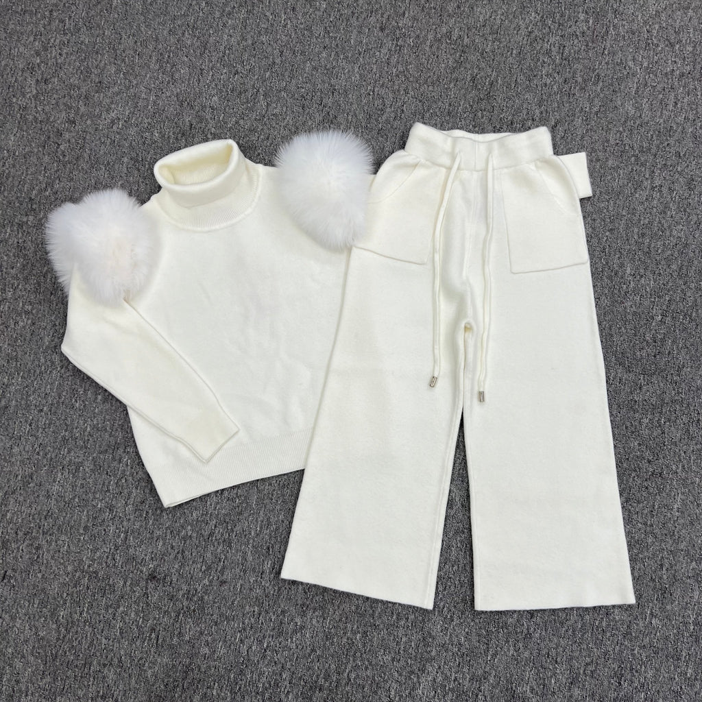 Childrens Cream Luxury Fur Roll Neck Wide Leg Tracksuit - H&L