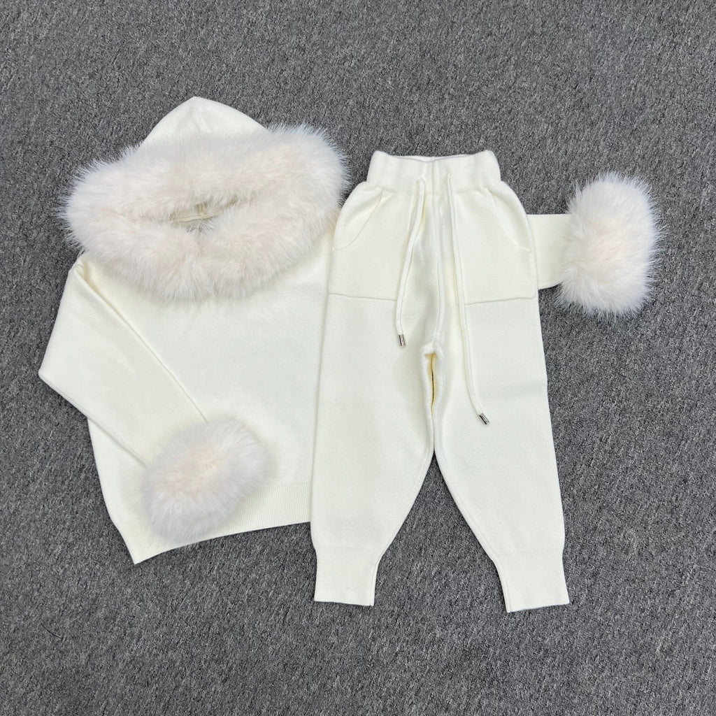 Childrens Cream Premium Faux Fur Hood & Cuff Tracksuit - H&L