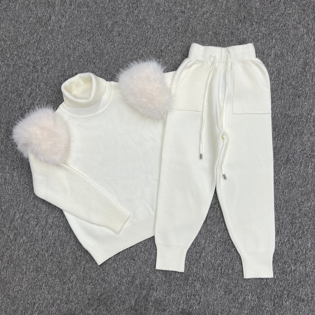 Childrens Cream Premium Faux Fur Roll Neck Jogger Tracksuit - H&L