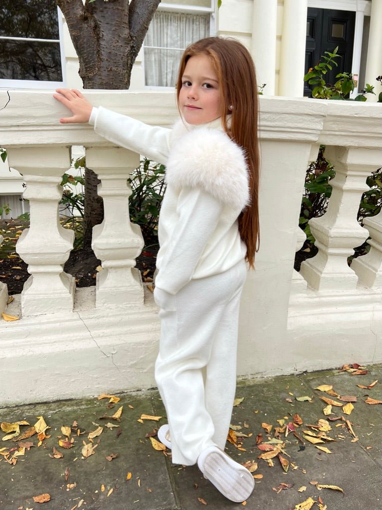 Childrens Cream Premium Faux Fur Roll Neck Wide Leg Tracksuit - H&L