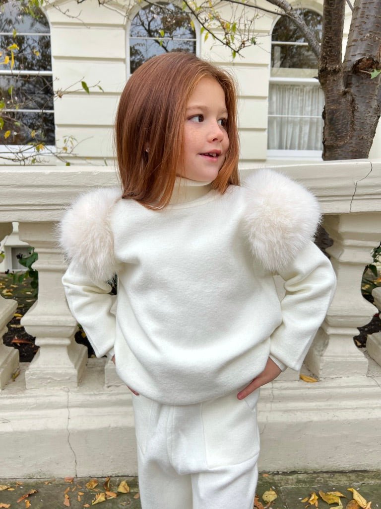 Childrens Cream Premium Faux Fur Roll Neck Wide Leg Tracksuit - H&L