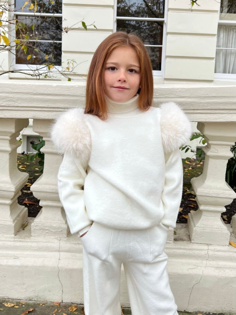 Childrens Cream Premium Faux Fur Roll Neck Wide Leg Tracksuit - H&L