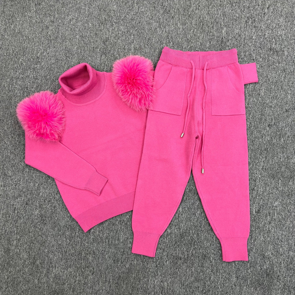 Childrens Hot Pink Luxury Fur Roll Neck Jogger Tracksuit - H&L