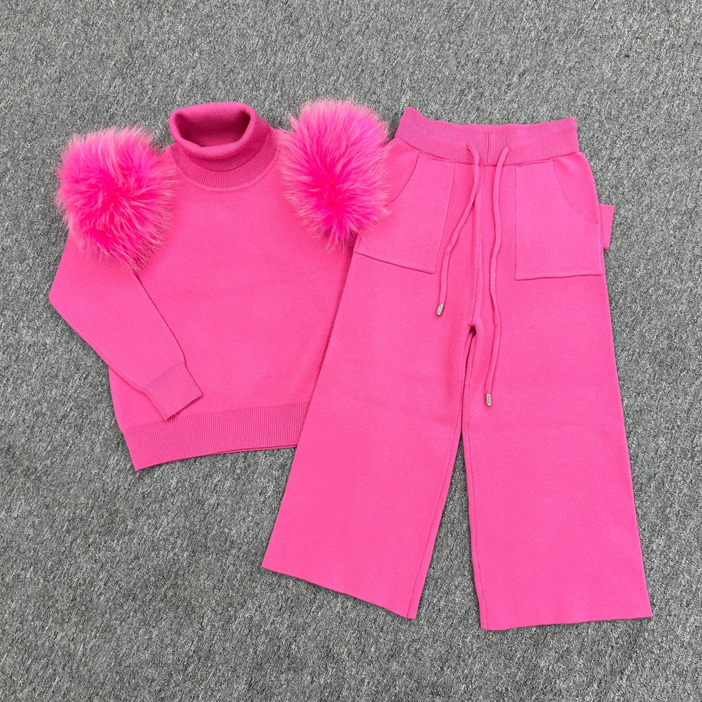 Childrens Hot Pink Luxury Fur Roll Neck Wide Leg Tracksuit - H&L