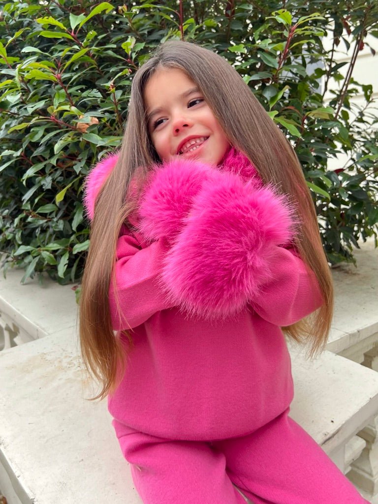 Childrens Hot Pink Premium Faux Fur Hood & Cuff Tracksuit - H&L