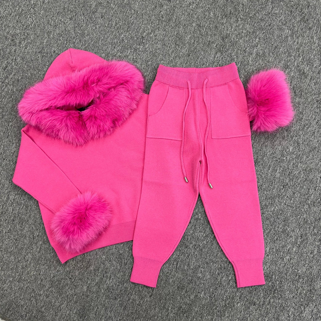 Childrens Hot Pink Premium Faux Fur Hood & Cuff Tracksuit - H&L