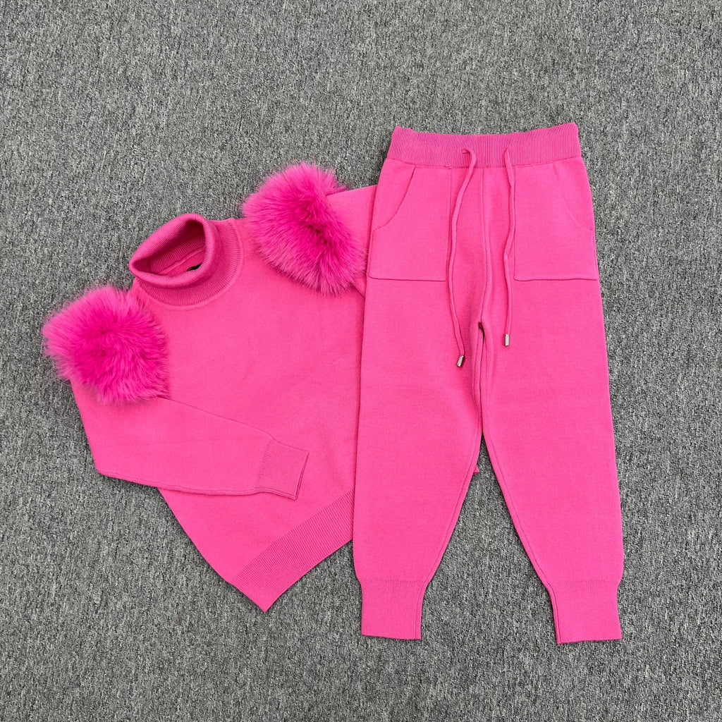 Childrens Hot Pink Premium Faux Fur Roll Neck Jogger Tracksuit - H&L