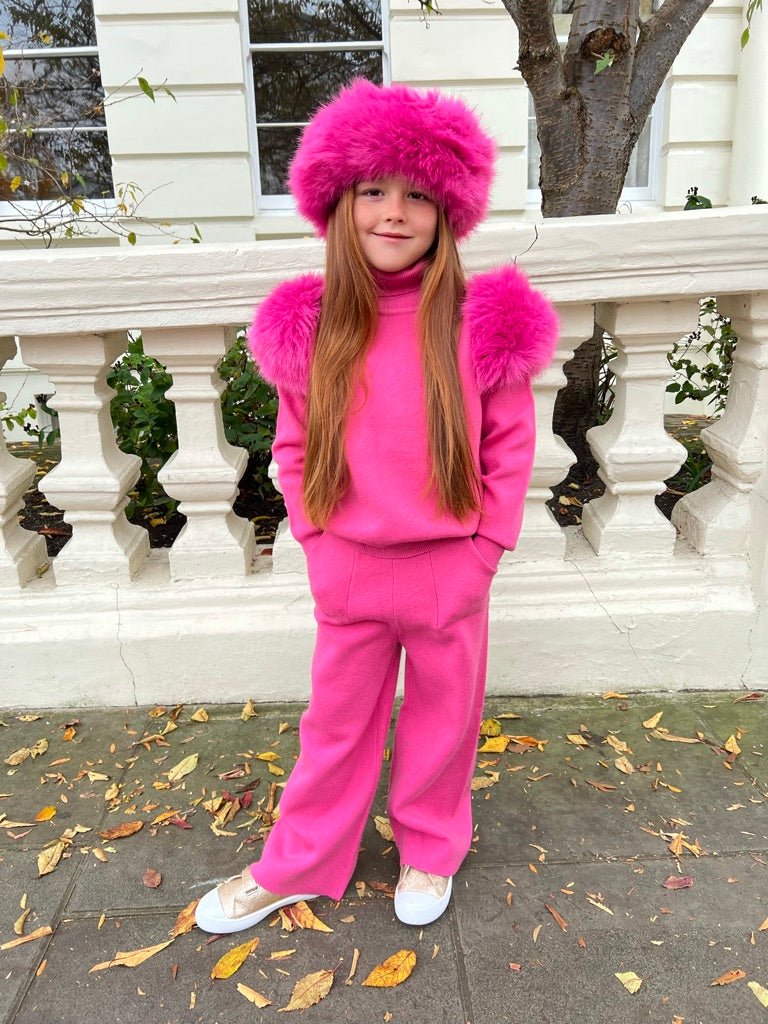 Childrens Hot Pink Premium Faux Fur Roll Neck Wide Leg Tracksuit - H&L