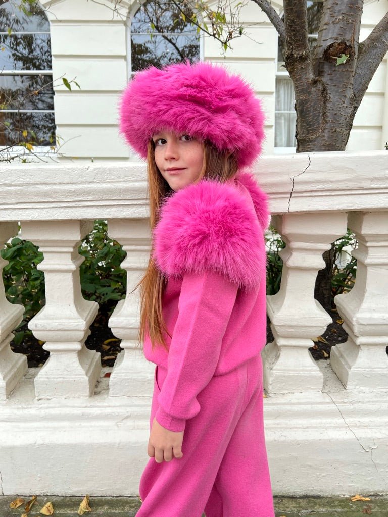 Childrens Hot Pink Premium Faux Fur Roll Neck Wide Leg Tracksuit - H&L